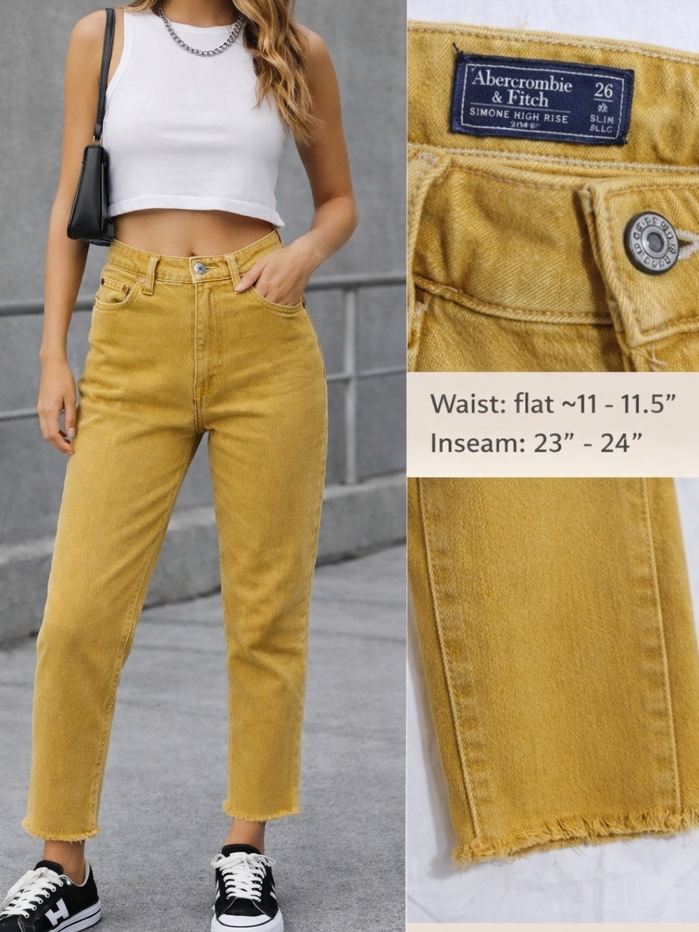 Abercrombie Simone High Rise Slim Jeans Mustard Yellow Cropped Frayed Hem 26
